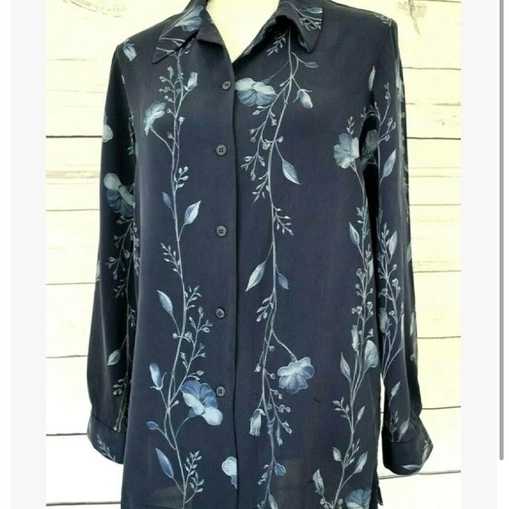 Moda Seta Sandra King 100% Silk Blue Button Front Blouse Tunic Top, Sz S